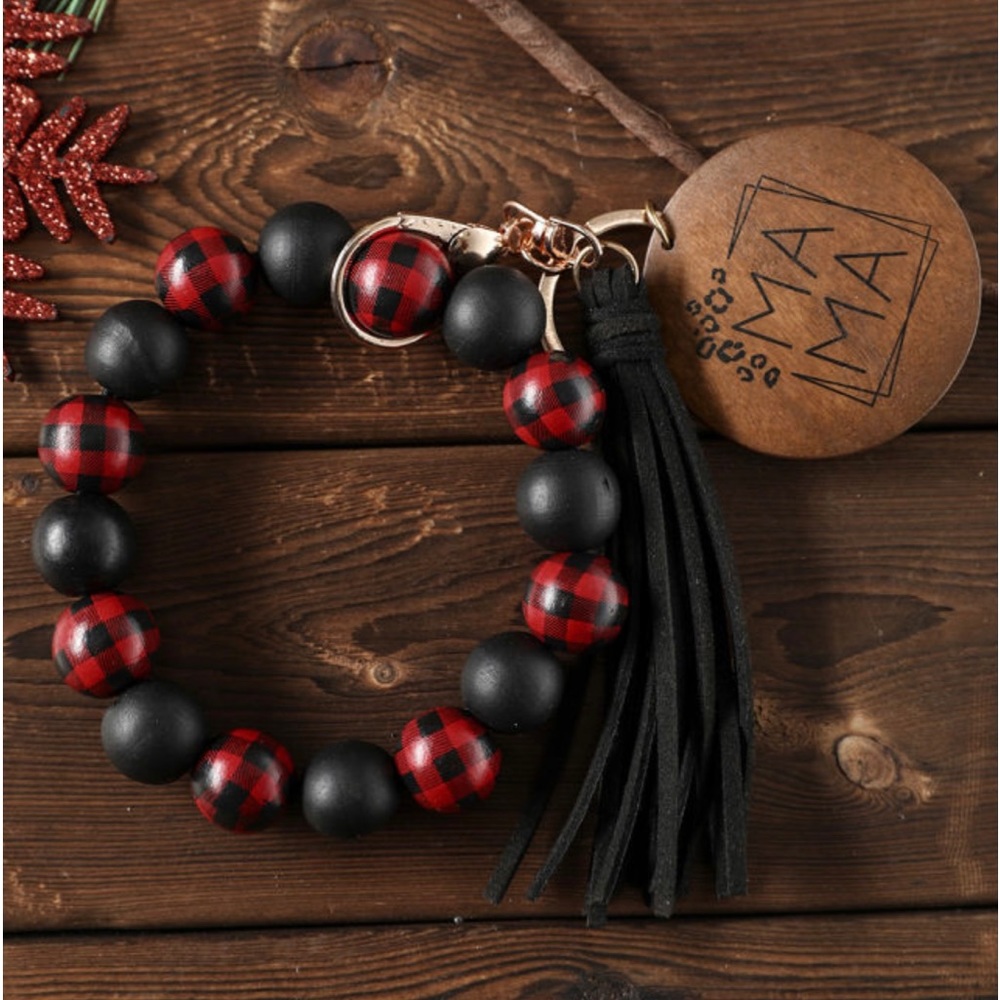 Red plaid “mama” bracelet/key ring